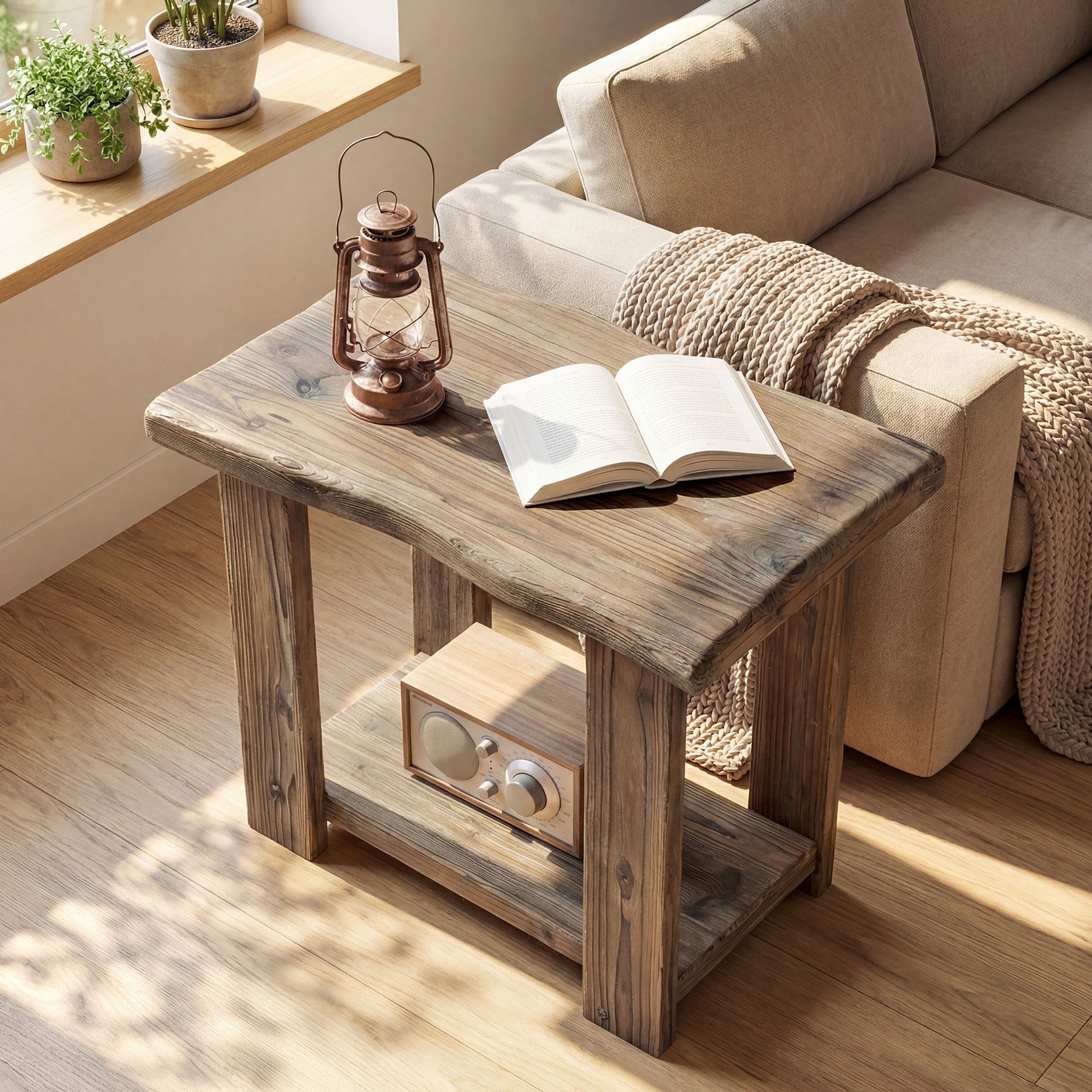 2-Tier Solid Wood End Side Table for Living Room, Easy Assembly