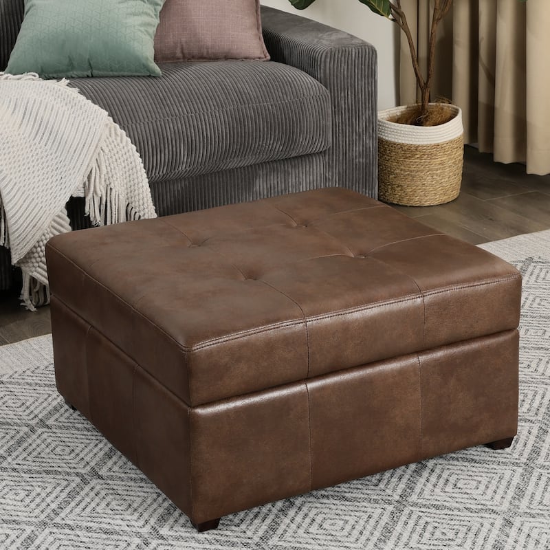 Adeco Storage Ottoman Square Bench Tufted Footrest for Living Room - Coffee-Faux-Leather