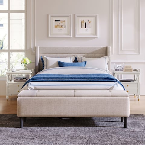 3 Pieces Queen Upholstered Storage Bed Frame with Storage Ottoman Bench and Two Nightstands