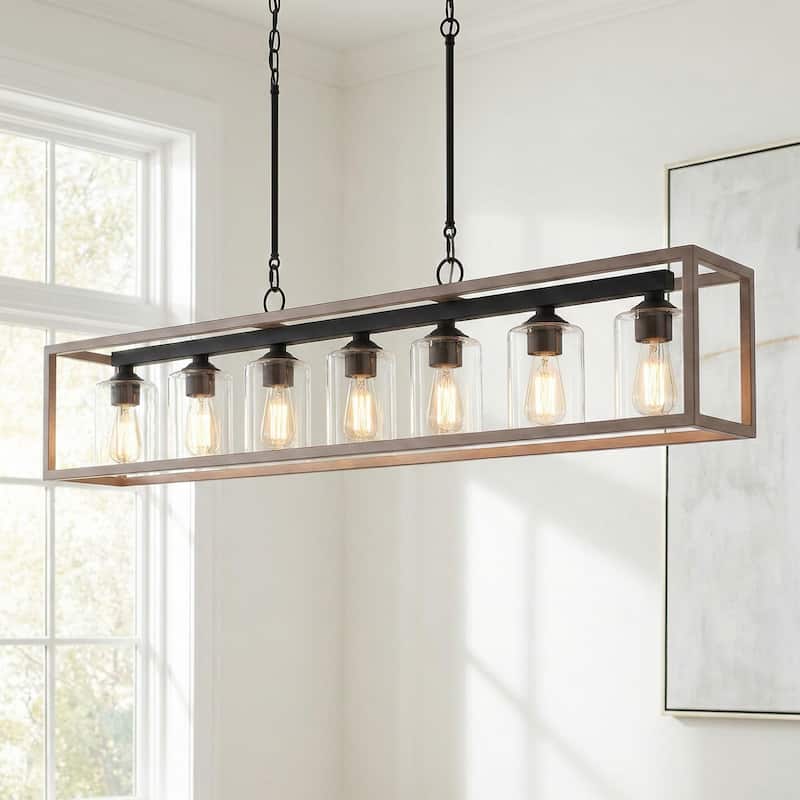Allegray 48in Farmhouse 7-light Linear Chandelier Rectangle Kitchen Island Pendant - 48'' W x 8'' D x 11'' H - Driftwood