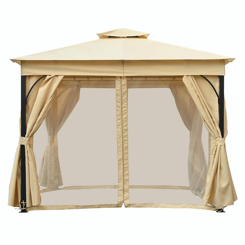 Outdoor Gazebo Tent with Double Roof, Mosquito Netting & Privacy Screens
