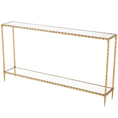 Metal Twisted Rope Inspired Console Table with Mirrored Glass Top and Shelf - Gold - Roche River Decor
