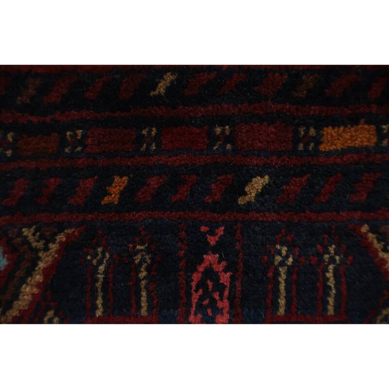 Hand Knotted Oriental 100% Wool Carpet Traditional Geometric Red Balouch Area Rug - 3' 7'' X 1' 10''