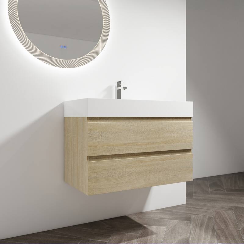 24/30/36 Single Sink Wall-Mounted Bathroom Vanity with Integrated Thick Edge Resin Sink