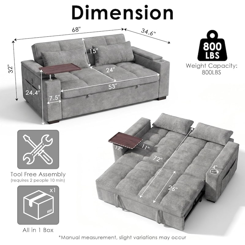68" Chenille Fabric Sleeper Sofa Bed,Pull Out Couch with 360 Degree Swivel Side Table,USB Port,Cup Holder,Armrest Storage