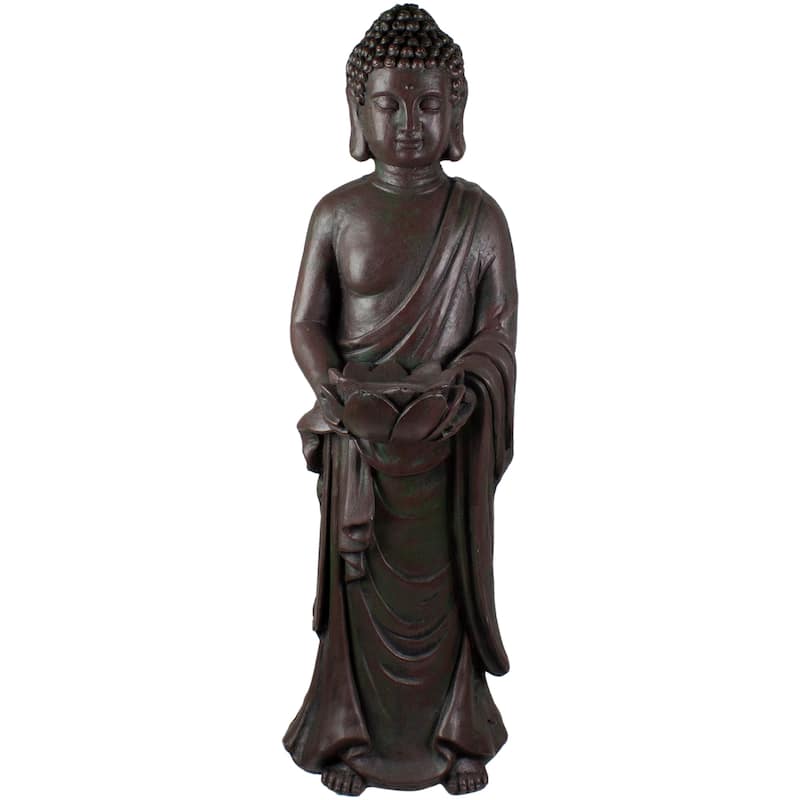 19.5" Gray Standing Buddha with Lotus Outdoor Garden Statue