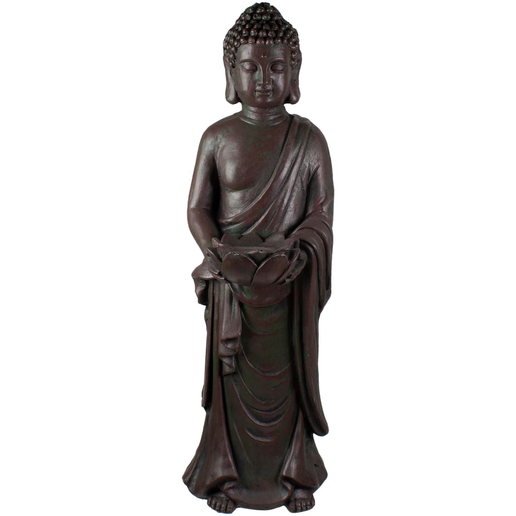 19.5" Gray Standing Buddha with Lotus Outdoor Garden Statue