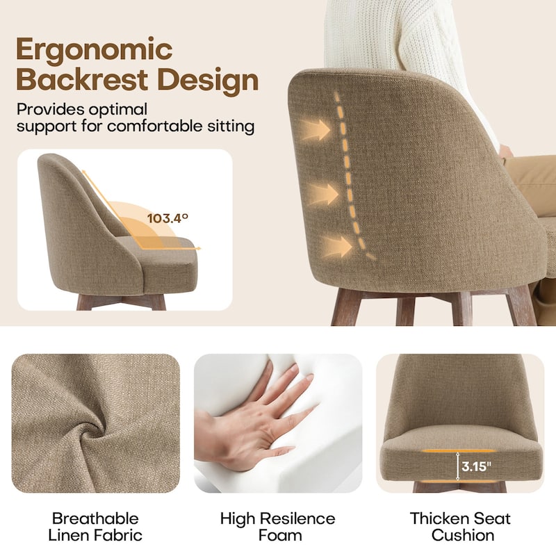 26" Upholstered Counter Height Swivel Bar Stool, Counter Stools with Solid Wood Legs - 39.37"H x 22.44"D x 21.65"W