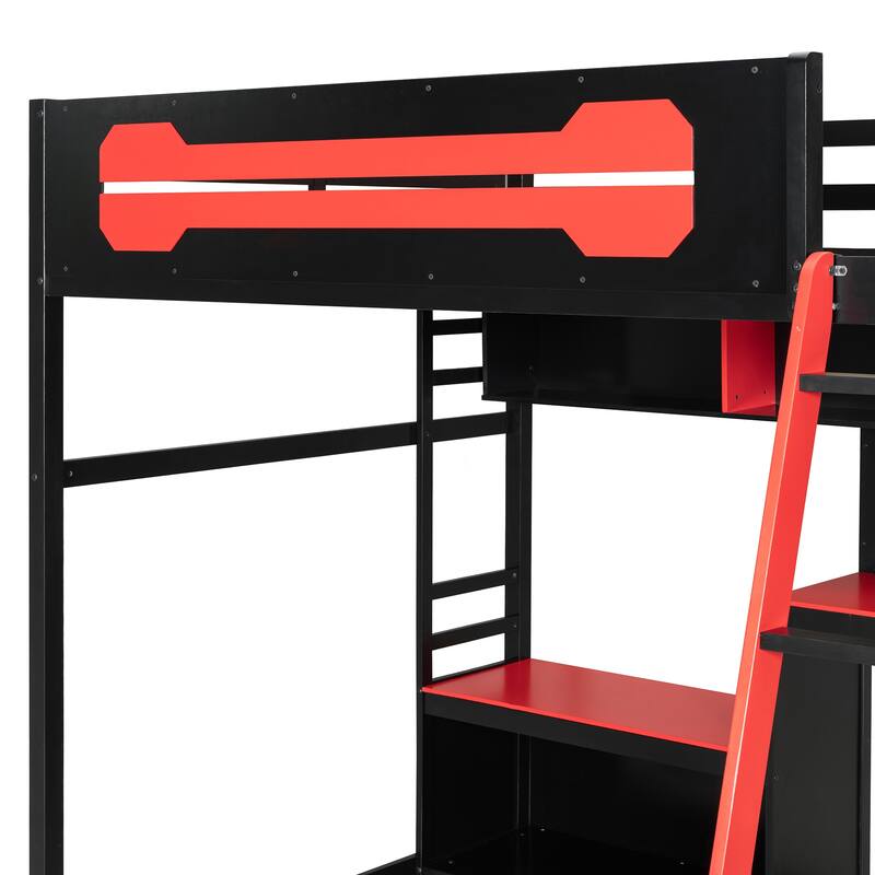 Full Size Gaming Loft Bed with Desk, Shelves, LED, USB and Pegboard
