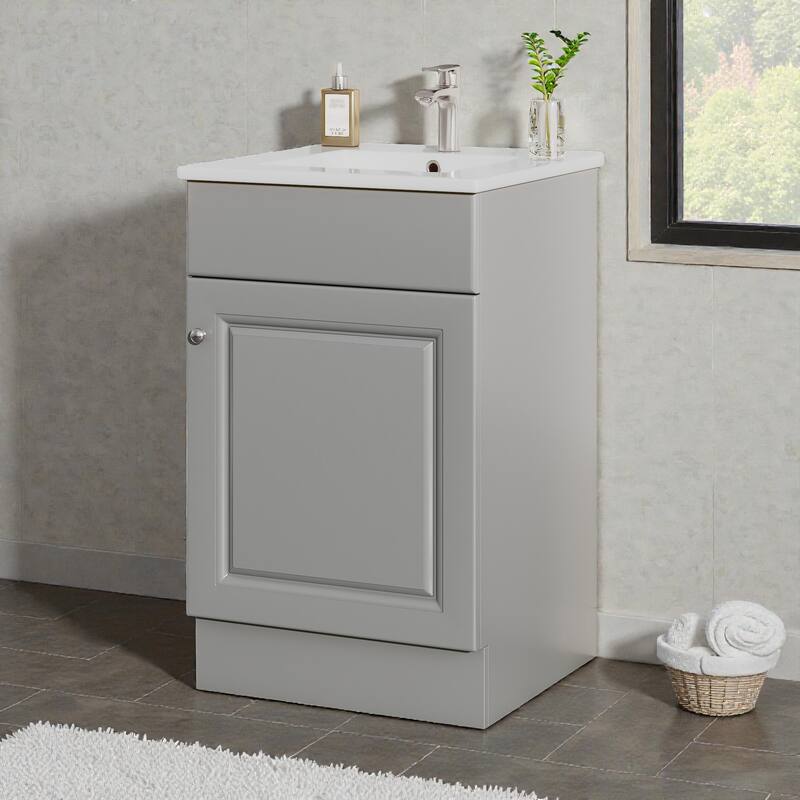 20 Inch Bathroom Vanity with Ceramic Sink, Freestanding Cabinet with Door Shelf and Adjustable Interior Shelf - Grey