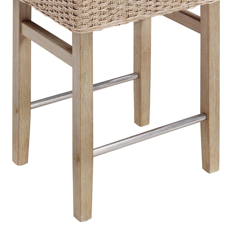 Harvey Rattan Bar Stool, Bohemian Counter Height Stool with Woven Seagrass Seat, Solid Wood Legs, and Metal Footrest