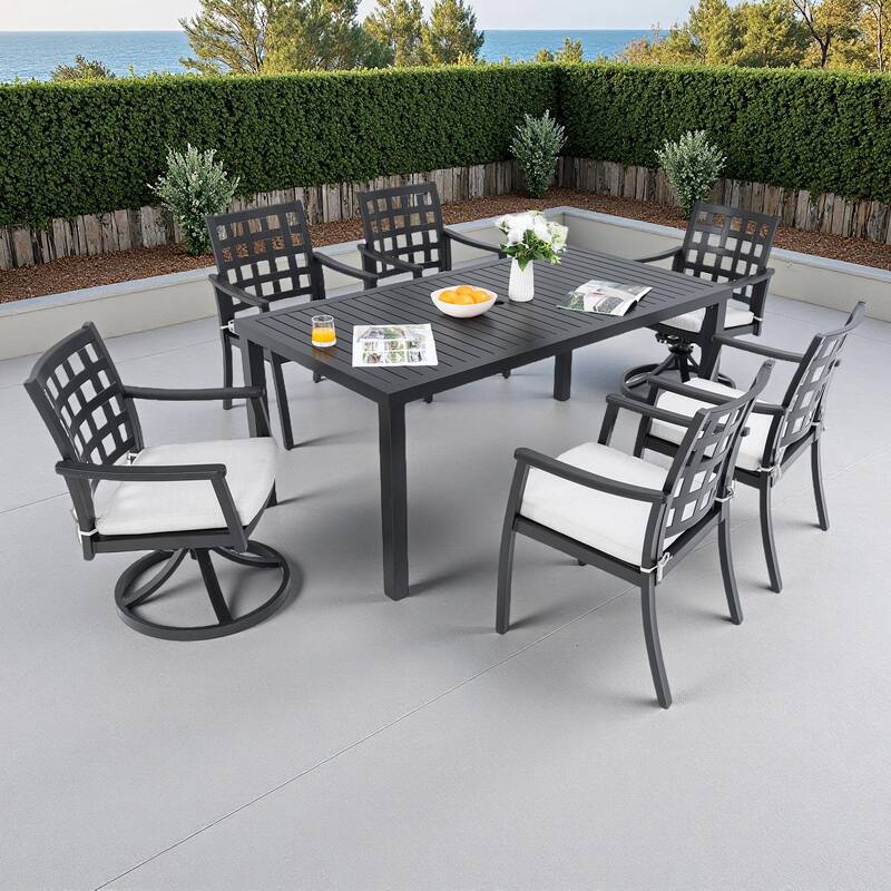 7-Piece Outdoor Patio Aluminum Dining Set with 67" Rectangular Table, 2 Swivel Rocker & 4 Armchairs, and Umbrella Hole - Ember Black
