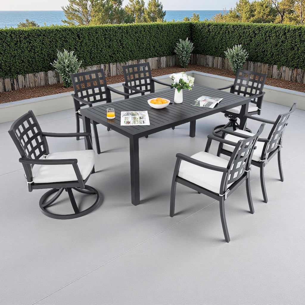 7-Piece Outdoor Patio Aluminum Dining Set with 67" Rectangular Table, 2 Swivel Rocker & 4 Armchairs, and Umbrella Hole