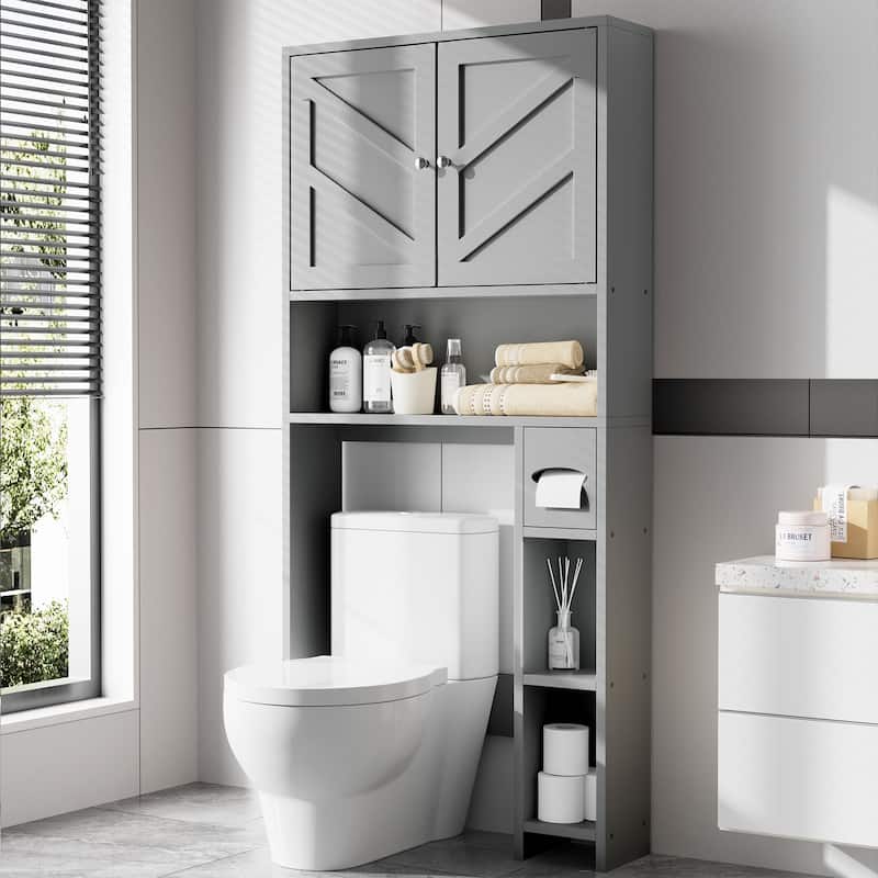 Over-The-Toilet Storage Cabinet with Side Shelves – Adjustable Bathroom Organizer - Grey