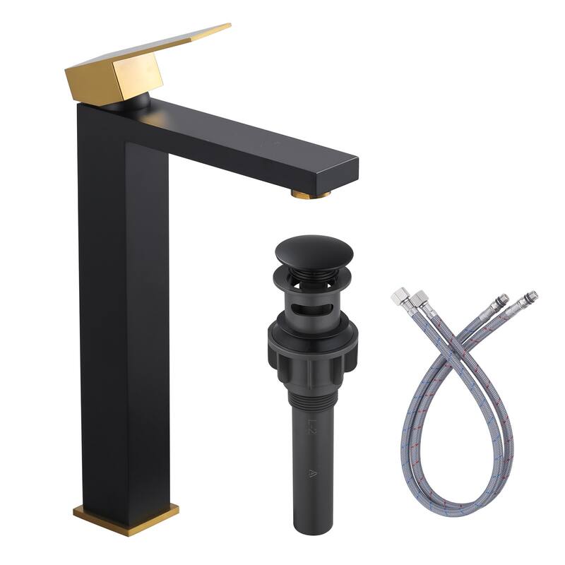 WOWOW Single Handle Single Hole High Arc Bathroom Vessel Faucet - Gold and Black