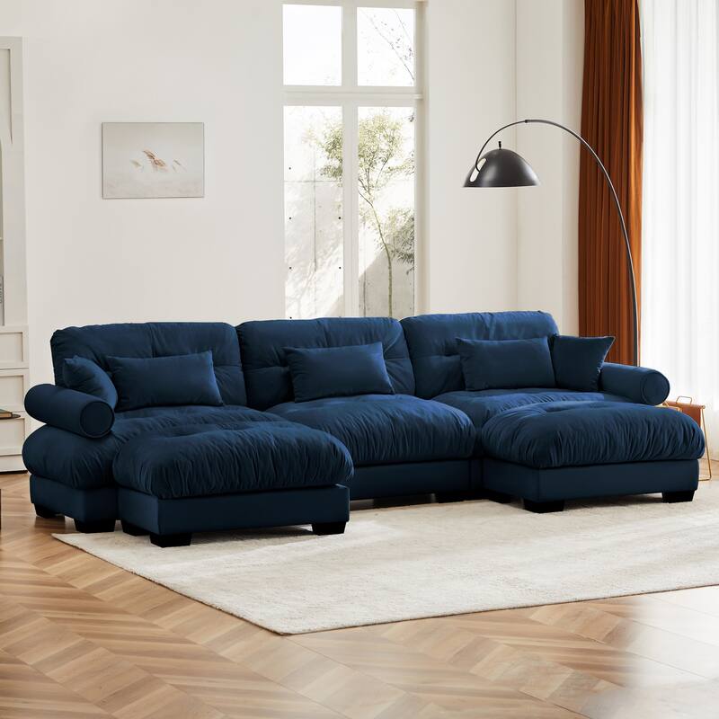 130" Velvet Modular Sectional Sofa with Ottomans & Pillows