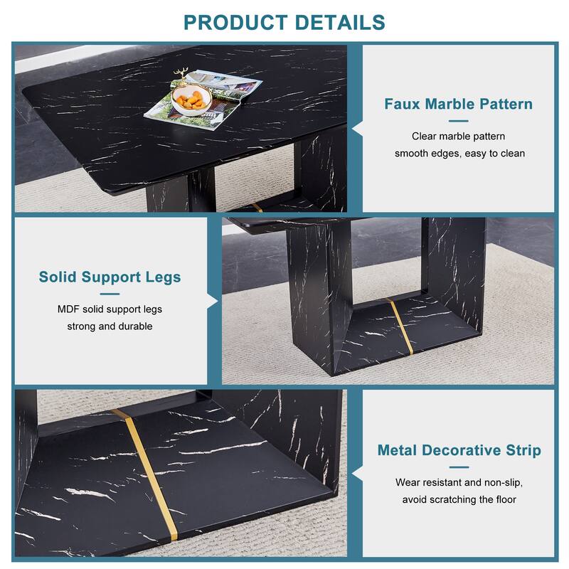 Roomfitters Modern Dining Table with Black Marble Look MDF Top for Elegant Dining or Entertaining Guests, Black