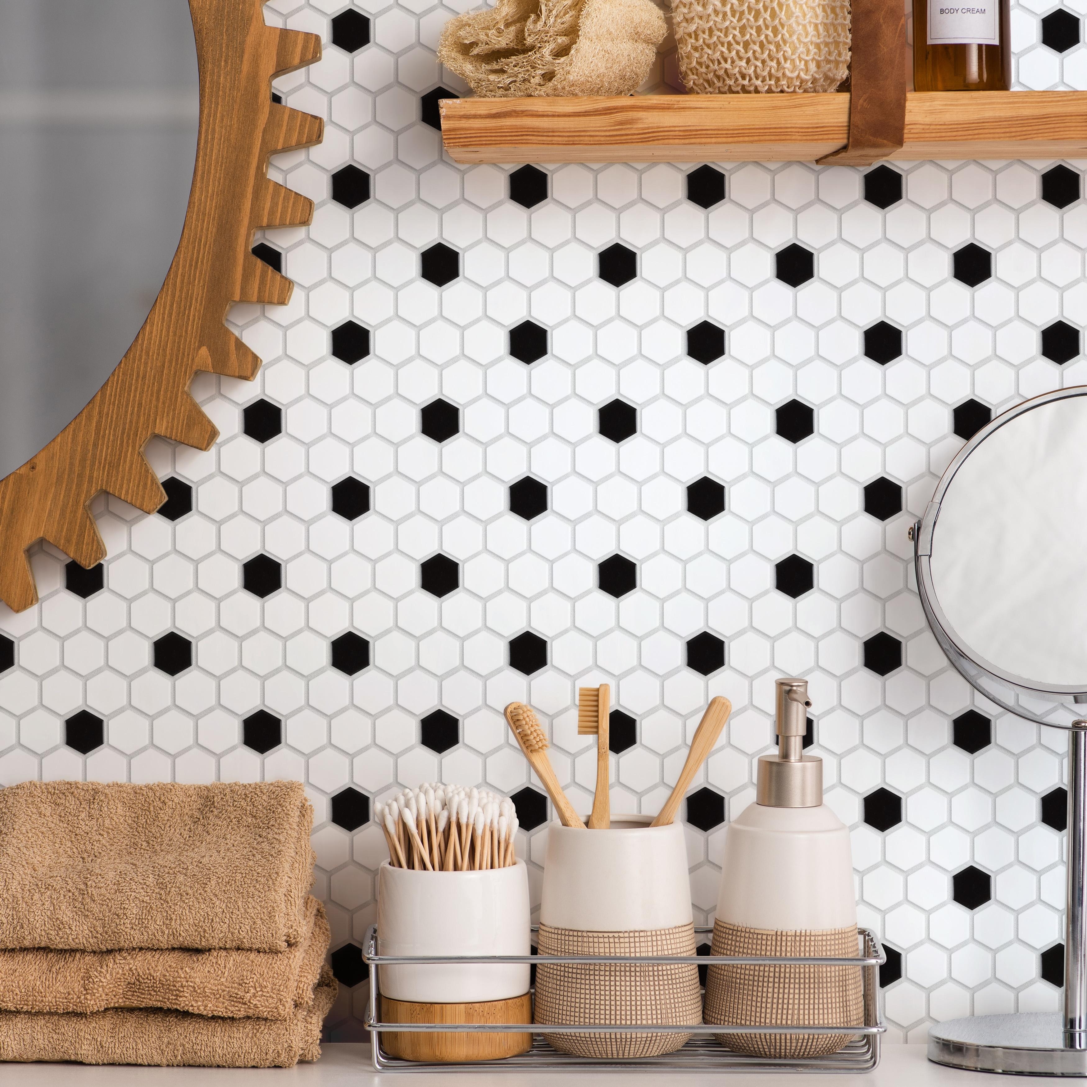 Merola Tile Madison Hex Matte 11-7/8 in. x 10-1/4 in. x 6mm Cool White with Black Dot Porcelain Mosaic Tile Merola Tile Madison Hex Matte 11-7/8 in. x 10-1/4 in. x 6mm Cool White with Black Dot Porcelain Mosaic Tile