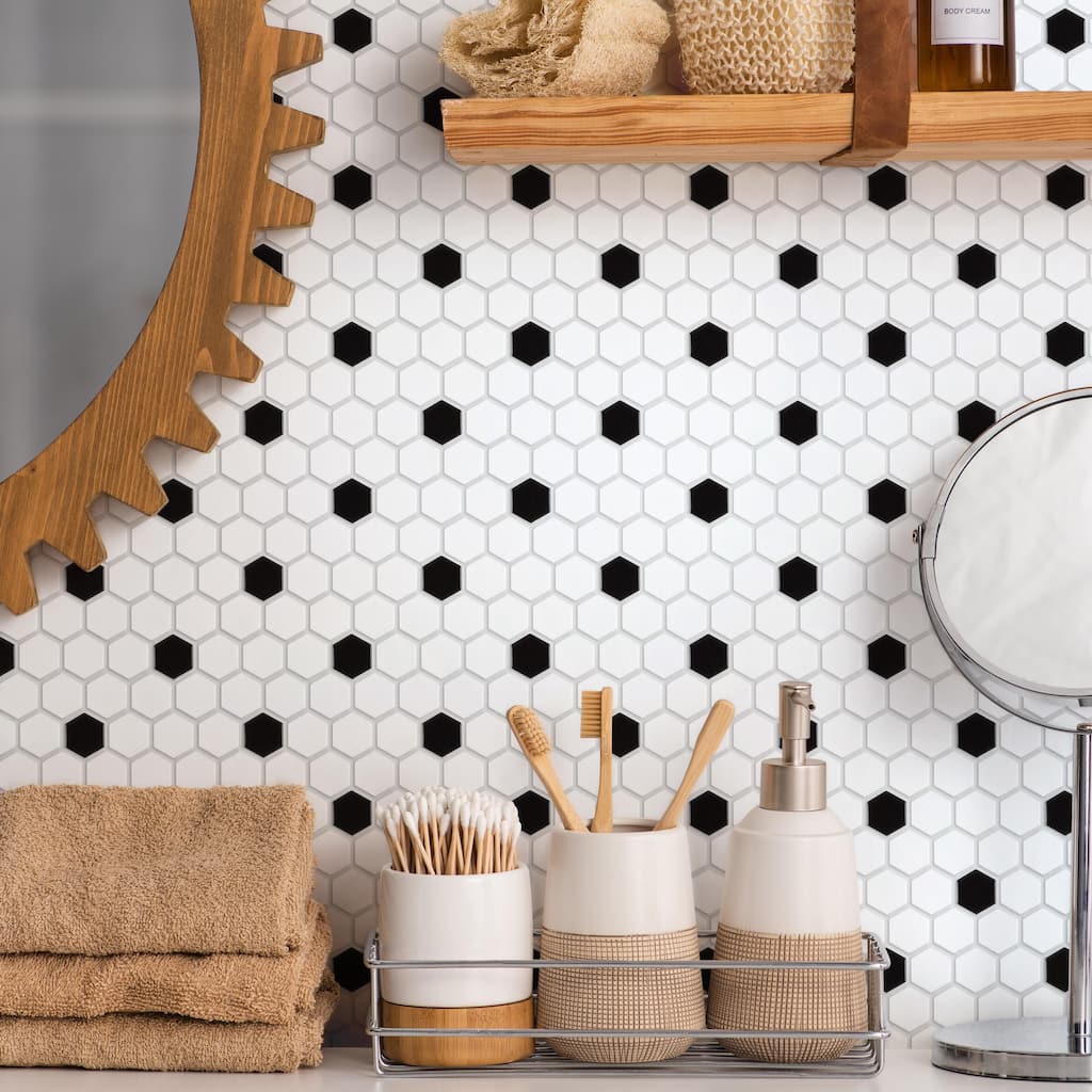 Merola Tile Madison Hex Matte 11-7/8 in. x 10-1/4 in. x 6mm Cool White with Black Dot Porcelain Mosaic Tile