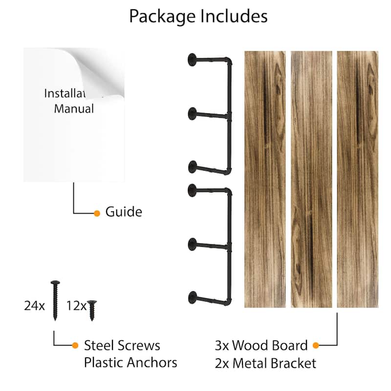 Wallniture 60"x 10" Pipe Shelves, Wood Shelving Unit, Wall Shelves for Books, Long Wall Shelf, Burnt, 3-Tier