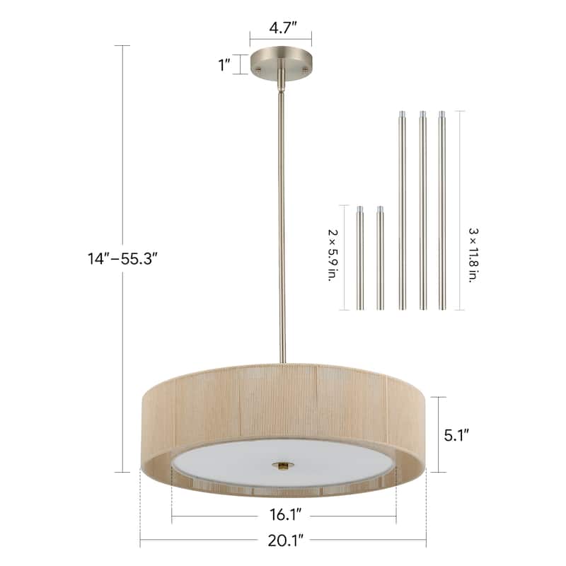 CO-Z 3-Light 20"W Double Drum Fabric Pendant Chandelier