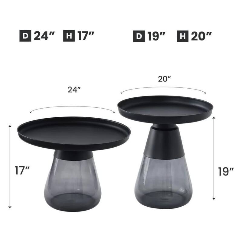 Set of Two Matte Black Tray Top Aeryn Nesting Tables - 24x17 19x20