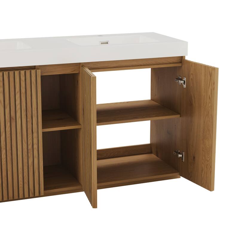 GDFStudio - Galan 60" Freestanding Bathroom Vanity with Quartz Sink, Solf Close Doors, Open Storage Shelf, NO Drain & Faucet