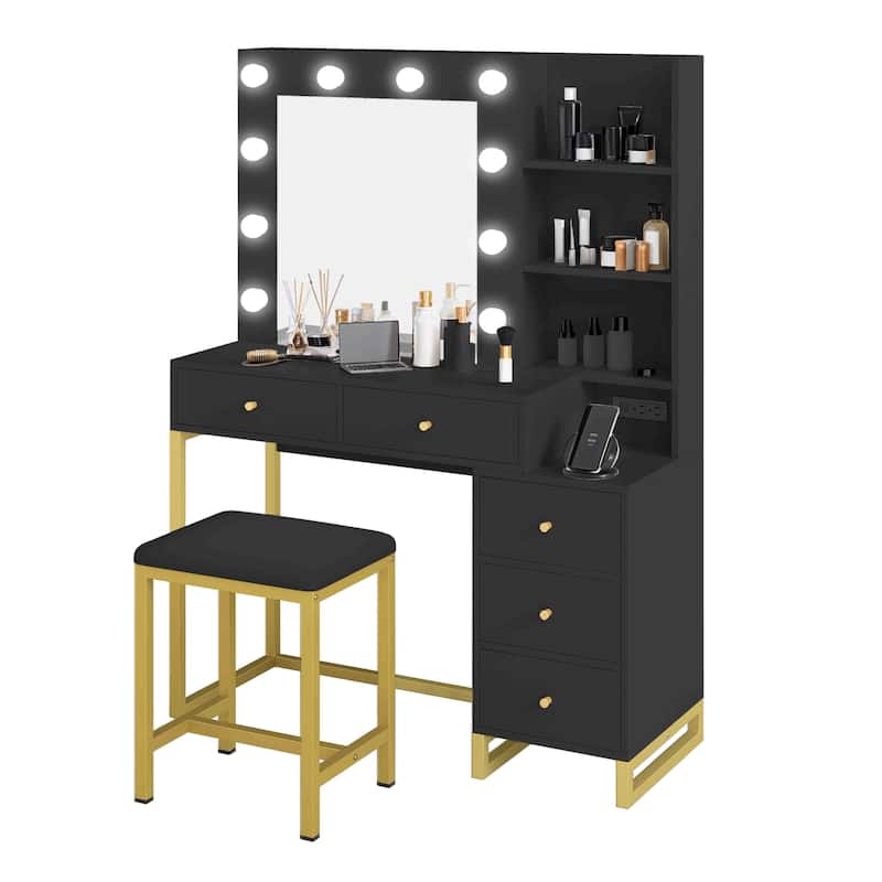 Moasis 5 Drawer Makeup Vanity Table Set with Mirror, LED Lights and Power Outlet
