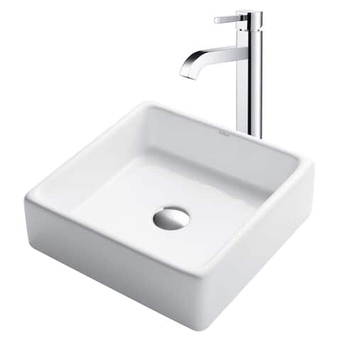 Kraus 3-in-1 Set White Square Ceramic Vessel Sink Ramus Faucet w/Drain