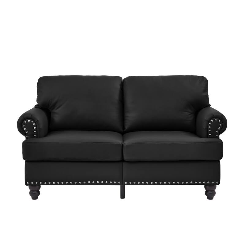 59.5" Living Room Loveseat in Black Leather with Storage and Removable Cushion Covers