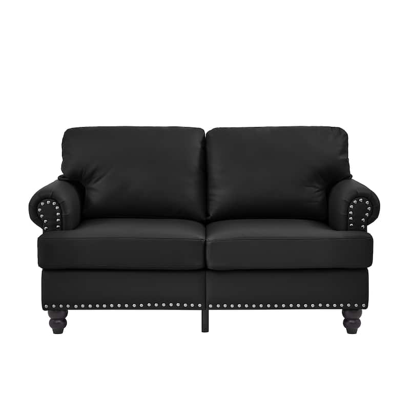 Round Armrests Sofa 2 Seat Couch with Nailhead Trim, Minimalist Leather Loveseat Couch with Wood Frame