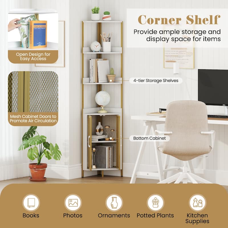 Gymax 6-Tier Corner Shelf 67'' Tall Corner Bookshelf w/Cabinet &
