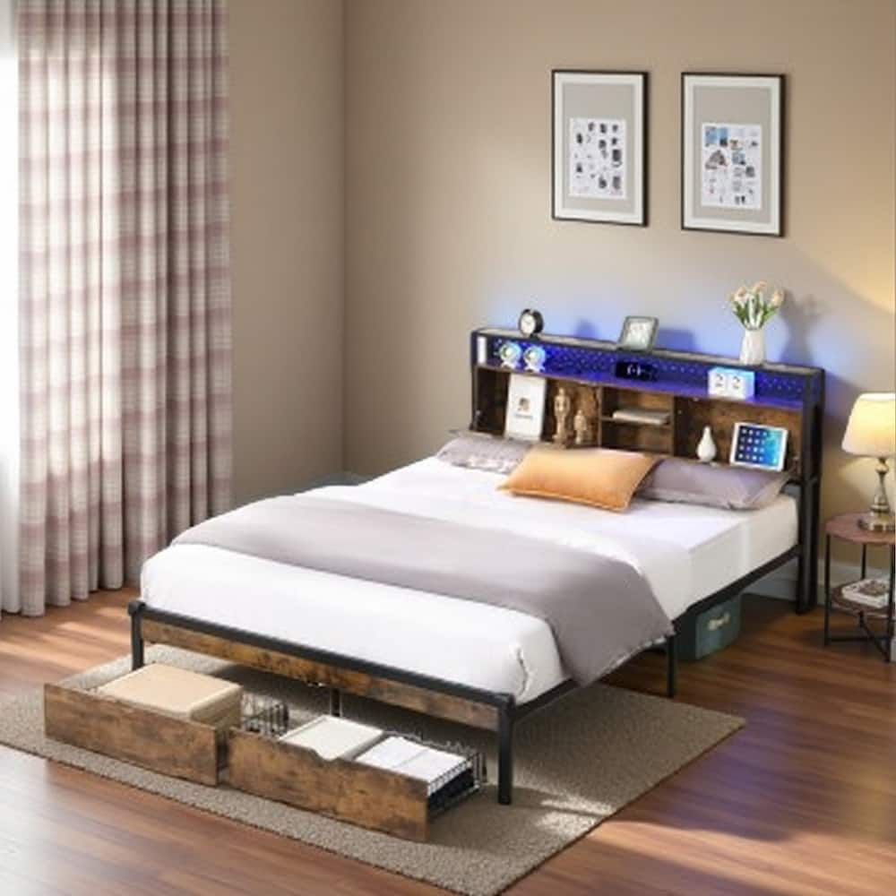 King Size Metal Platform Bed with Wooden Headboard, USB Charging Station, LED Lights, 2 Storage Drawers, No Box Spring Needed