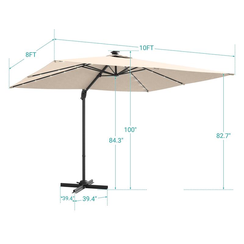 BONOSUKI Solar-powered 10x8ft Cantilever Patio Umbrella, Ultimate Outdoor Comfort with 360° Rotation and Canopy Angle Adjustment