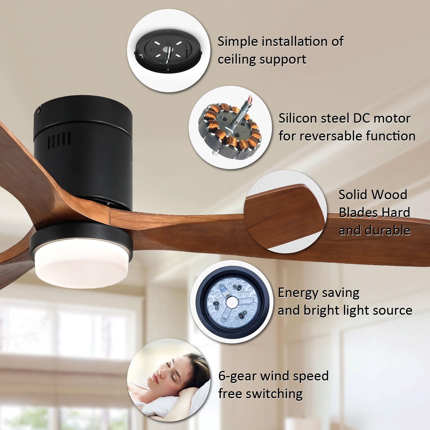 52 Inch Wooden Ceiling Fan, With 18W Led Light 3 Solid Wood Blades, Remote Control Reversible Dc Motor With Etl Ceiling Fan