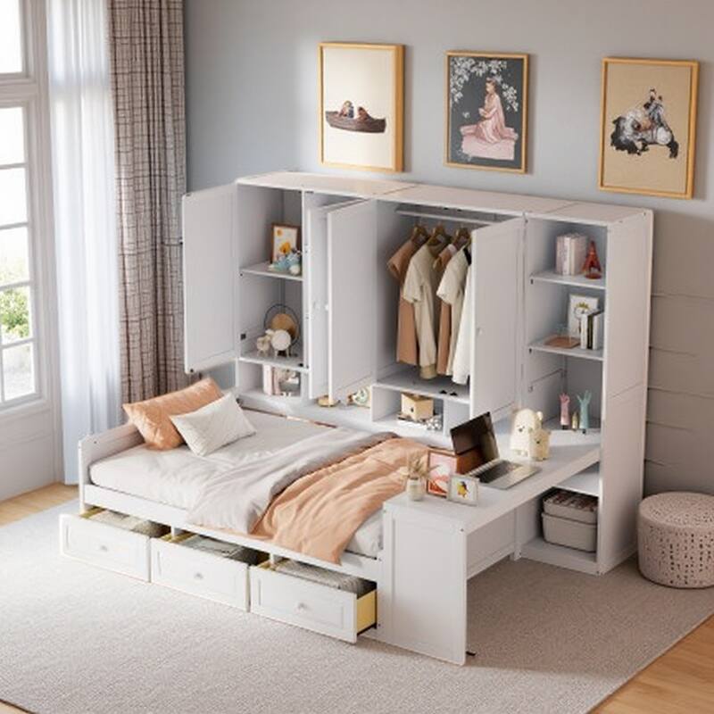 Full Size Wood Daybed with Built-In Desk, Drawers, Shelves & Cabinets, with Reversible Workspace and Storage - Full White - Full