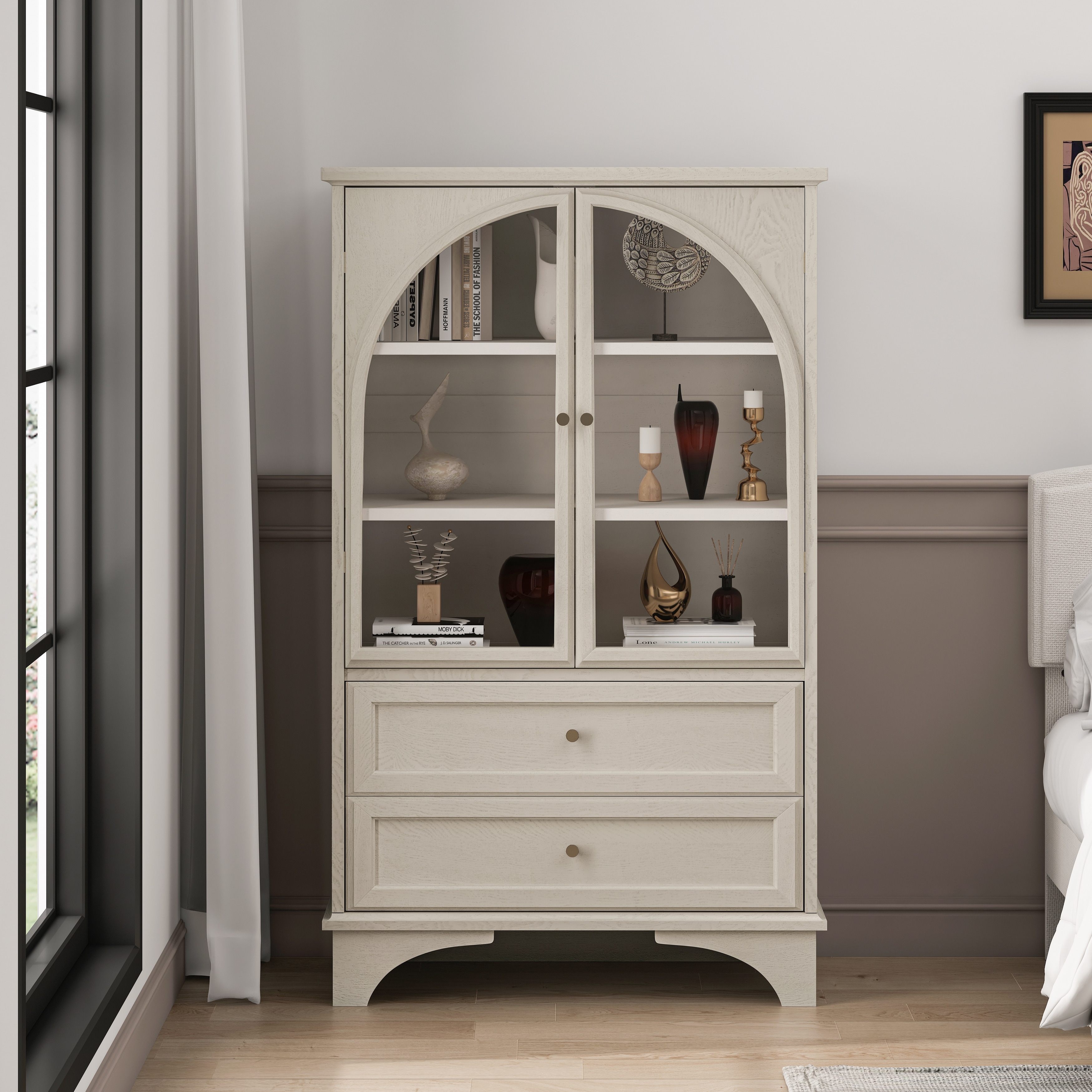 52.17"H Glass Door Display Case Storage Cabinet with 2 Drawers and Adjustable Shelf