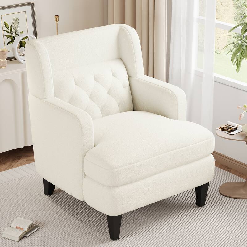 Teddy Fleece Fabric Upholstered Accent Chair, Ergonomic Living Room Club Chair, Lounge Armchair with Tufted Back & Solid Legs - Beige