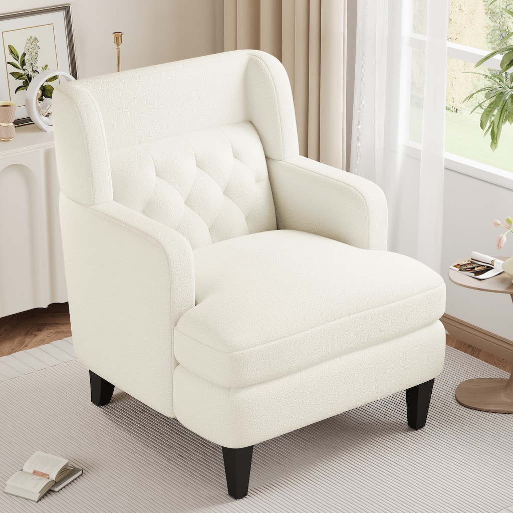 Teddy Fleece Fabric Upholstered Accent Chair, Ergonomic Living Room Club Chair, Lounge Armchair with Tufted Back & Solid Legs