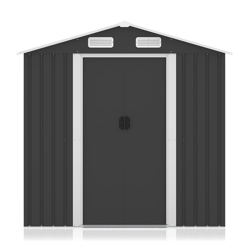 Large Outdoor Storage Shed Galvanized Iron Black with Slanted Roof and Double Sliding Doors - 77.36” x 51.57” x 73.82”