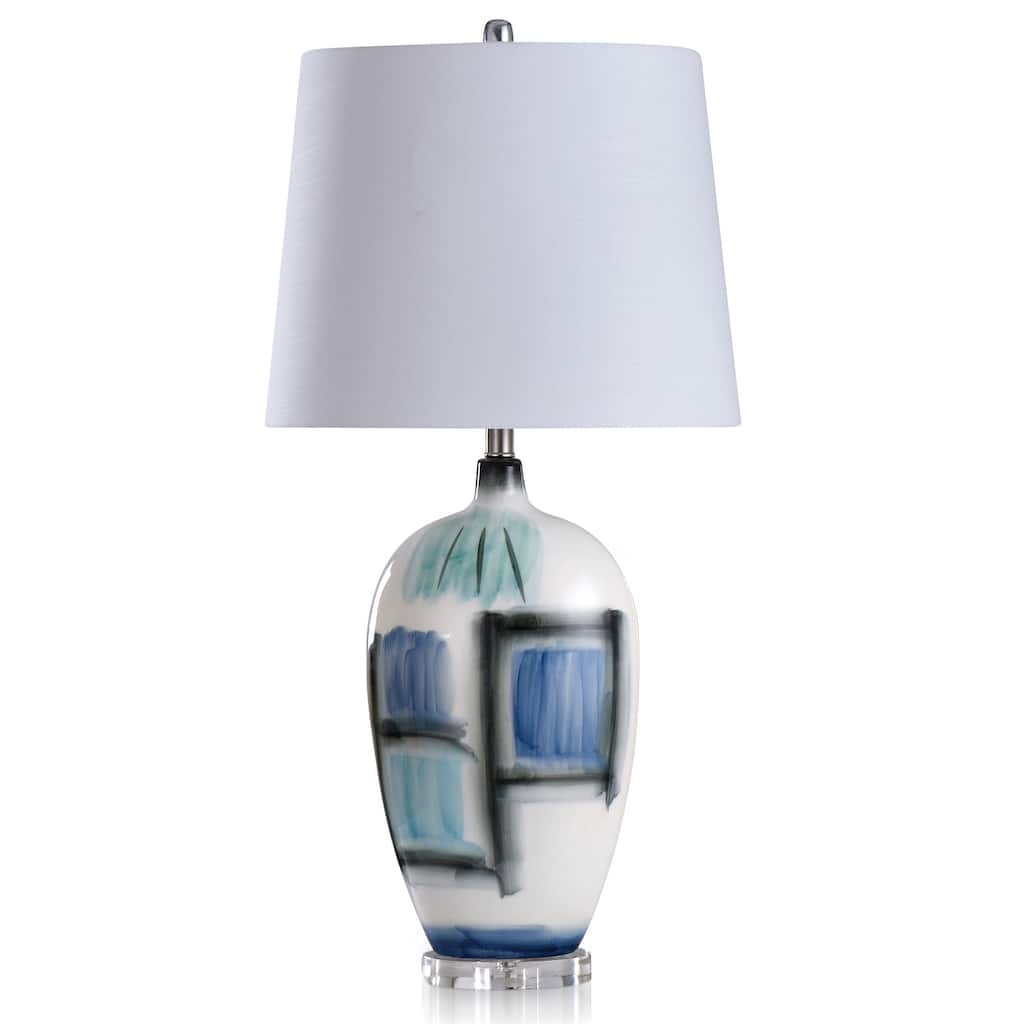 Rosalind - Patch Painted Ceramic Body Table Lamp With Clear Acrylic Base - Blue, White, Black - White Shade