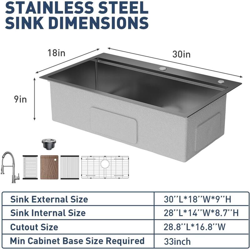 30"X18"X9" Undermount Kitchen Drop In Sink for Easy Installation with Faucet