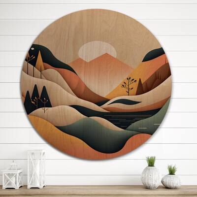 Designart "White Moon In Graphic Mountains" Landscape Mountains Wood Wall Art - Natural Pine Wood