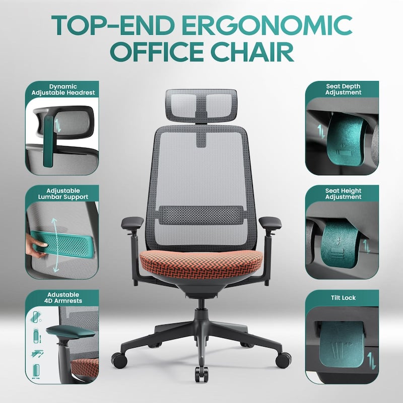 COLAMY Ergonomic Office Chair, Mesh High Back, 4D Arms, Lumbar Support, Coral