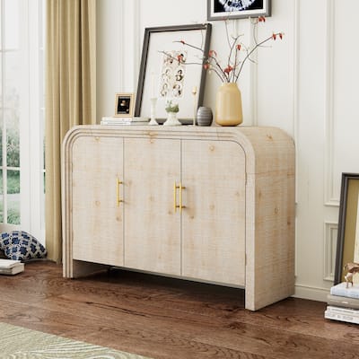 Wood Textured Curved Sideboard Storage Cabinet with Gold Handles
