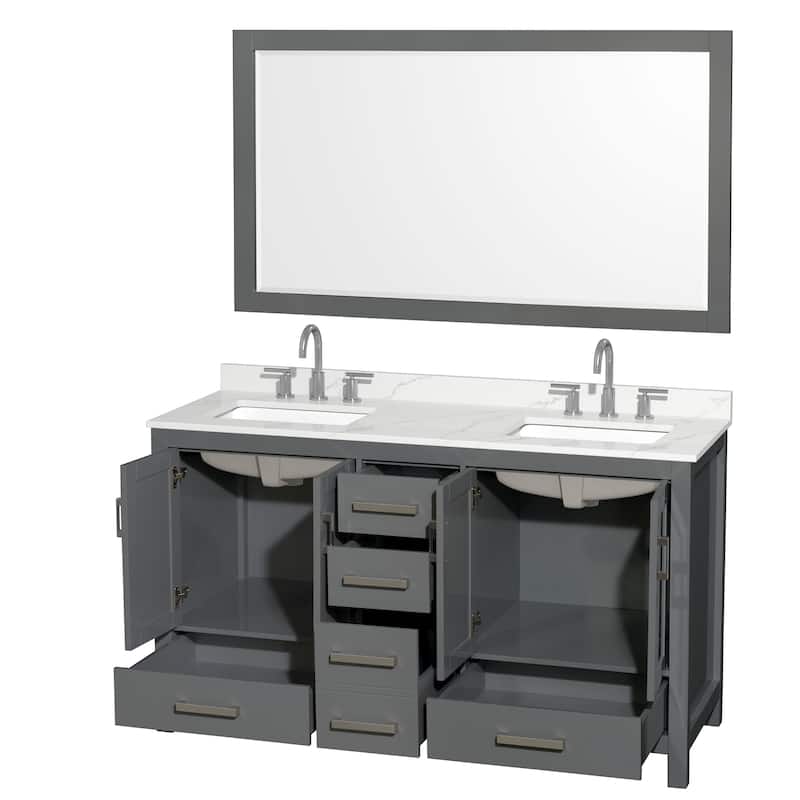 Sheffield 60-inch Double Vanity, 3 Hole Quartz Top, 58-inch Mirror