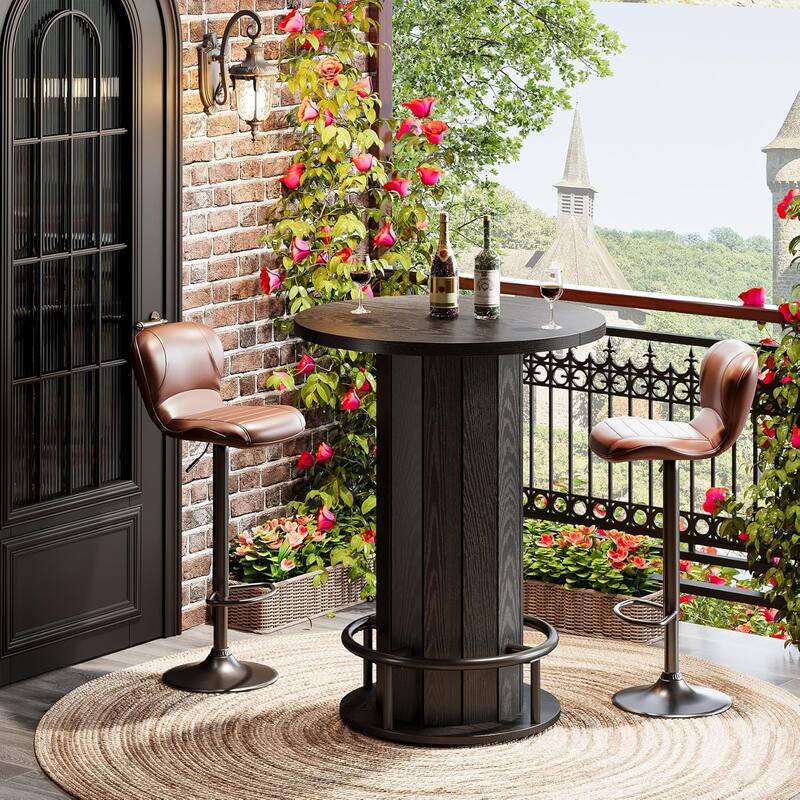 39.4 Inches Wood Round Bar Table, Bistro Pub Table with Metal Ring Footrest