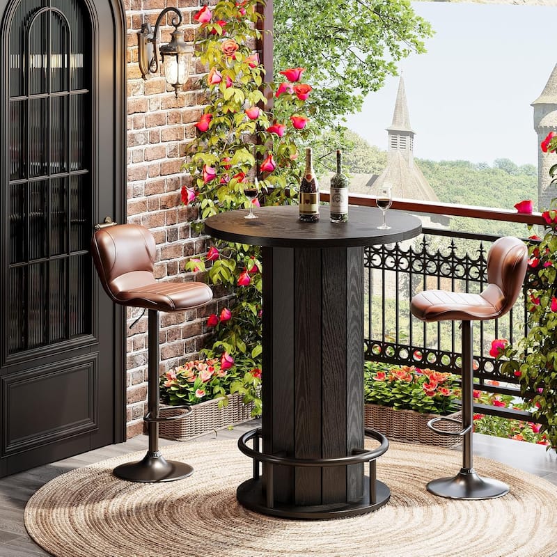 Round Bar Table, Wood Bistro Pub Table with Metal Ring Footrest