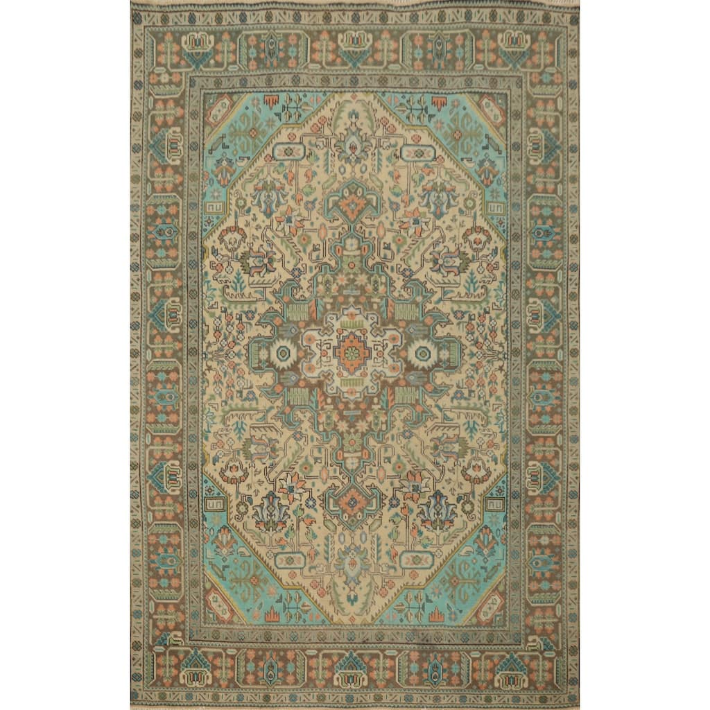 Hand Knotted Oriental 100% Wool Carpet Traditional Floral Beige & Ivories Tabriz Area Rug - 9' 2'' X 6' 5''
