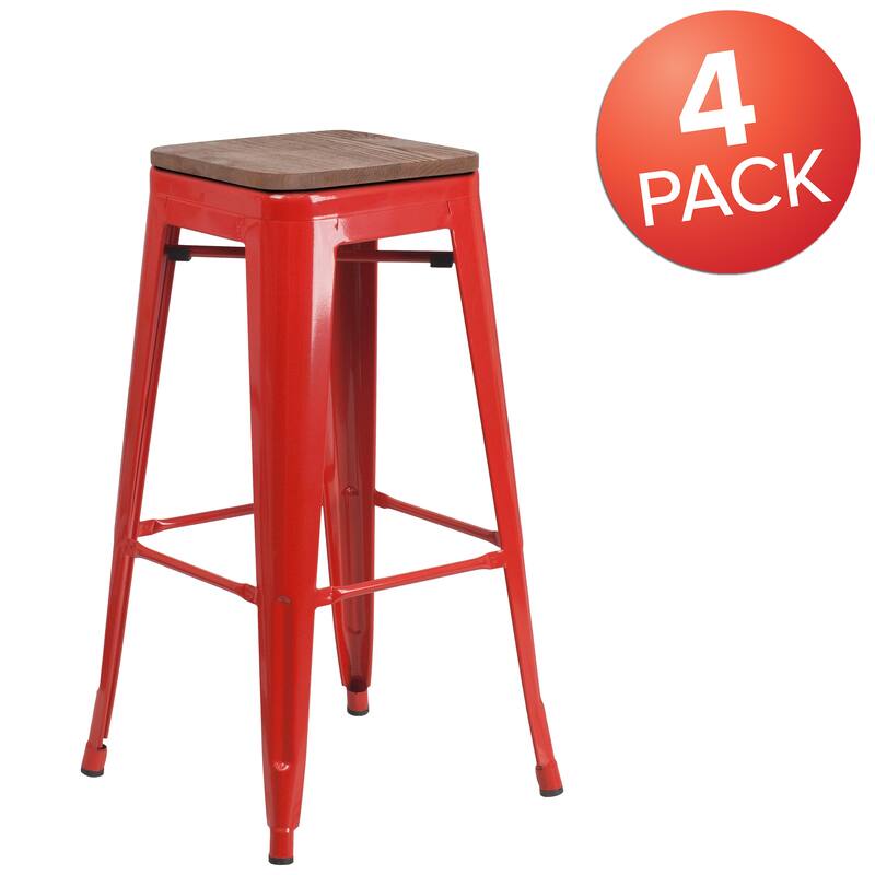 4 Pack 30" High Backless Metal Barstool with Square Wood Seat - Red